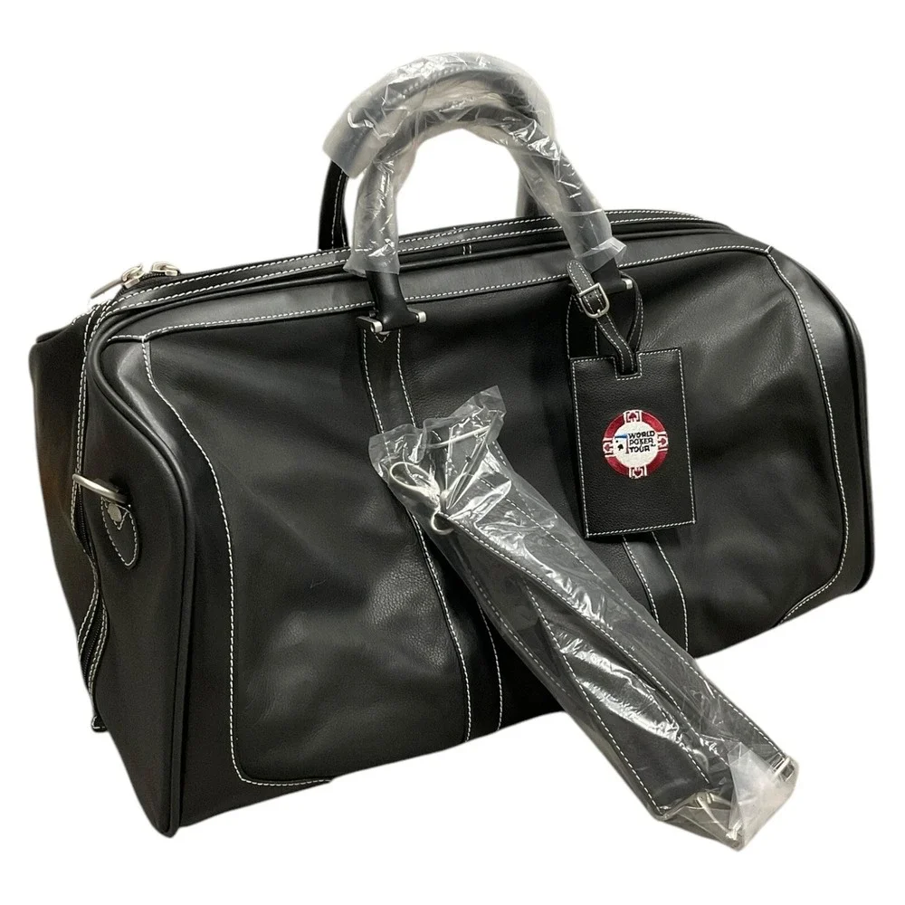 World‎ Poker Tour Black Leather Duffle Bag Shoulder Strap Large Size New